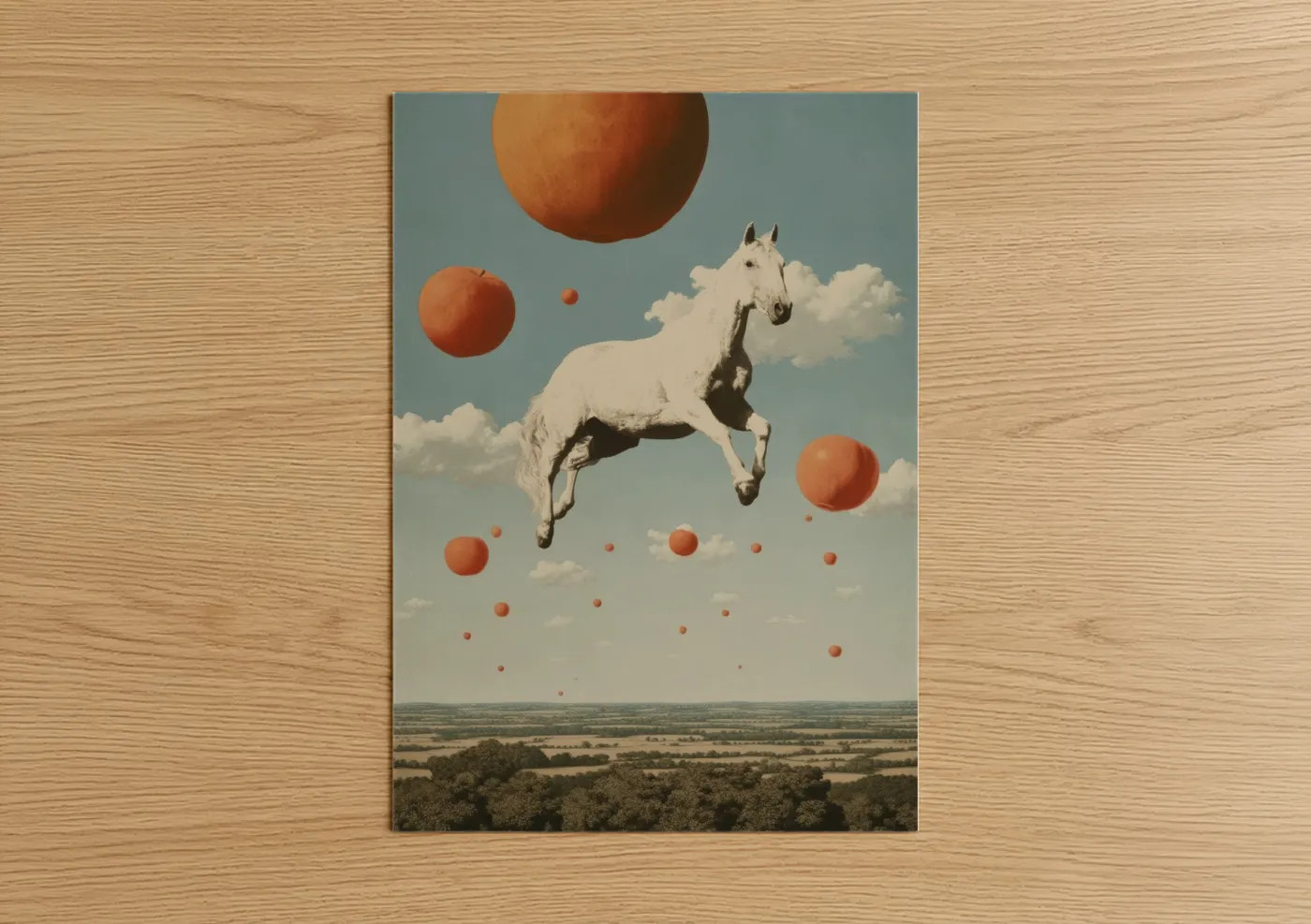 Art print on warm oak wood — pumpkin and blue palette — Celestial Quarter Horse poster
