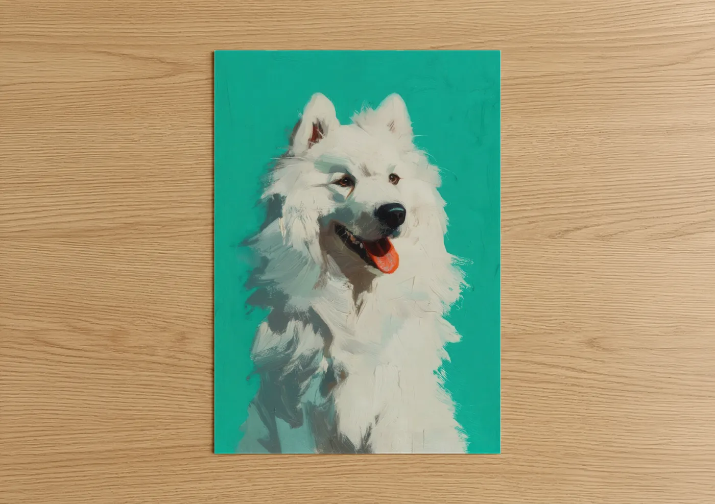 Art print on warm oak wood — white and turquoise palette — Happy Spitz poster