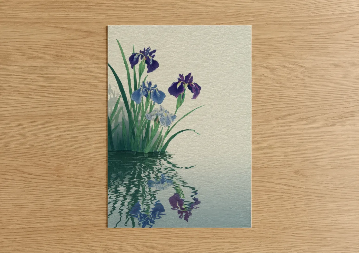 Art print on warm oak wood — purple and green palette — Iris Reflection poster