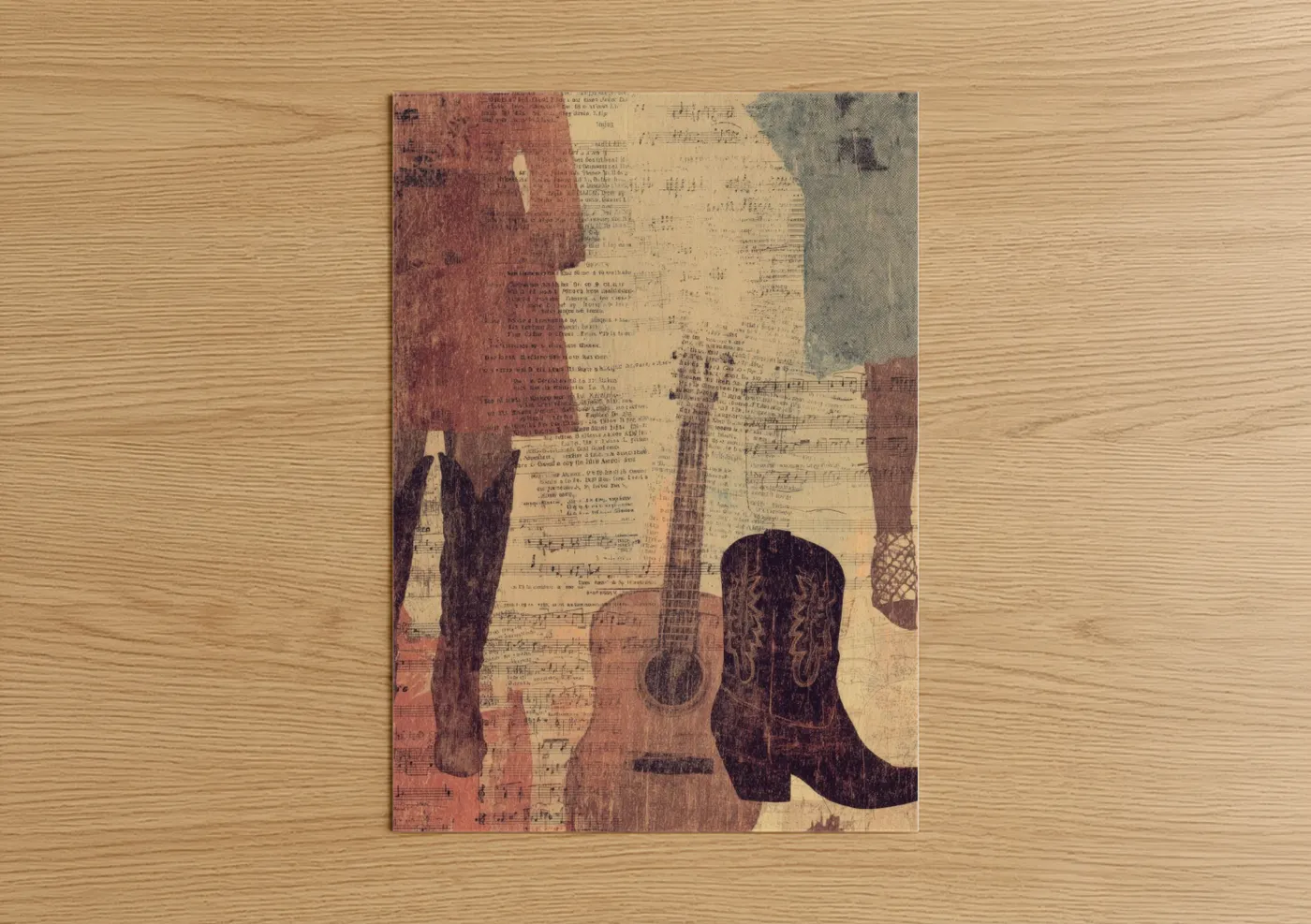 Art print on warm oak wood — russet and cream palette — Country Music Heritage poster
