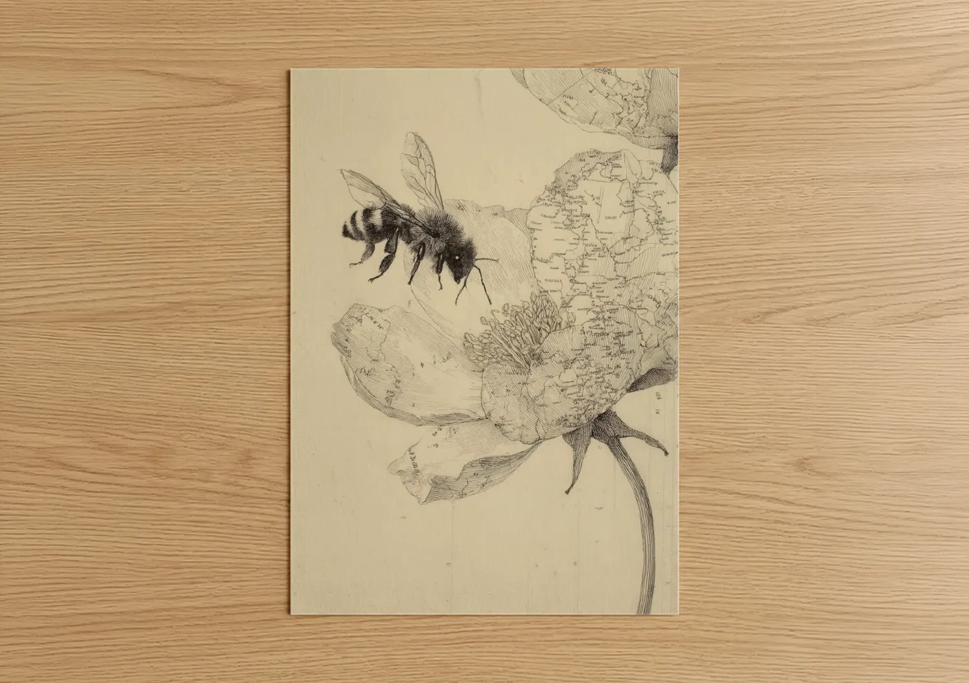 Art print on warm oak wood — black and white and cream palette — Pollinator Earth Day poster