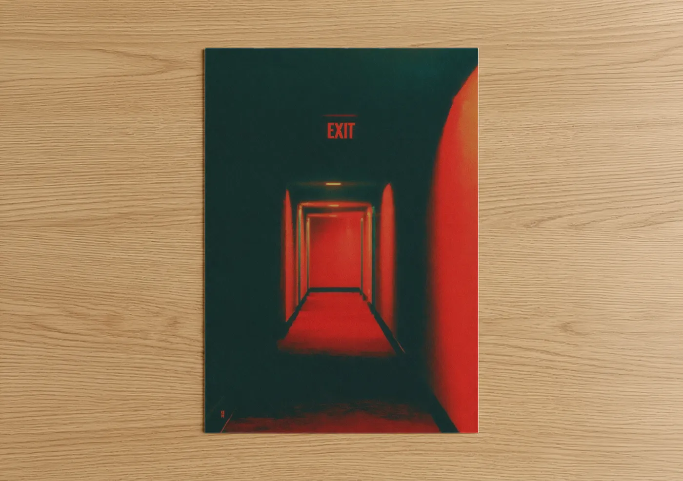 Hotel art print on warm oak wood — dark blue and red palette — Neon Exit Hallway poster