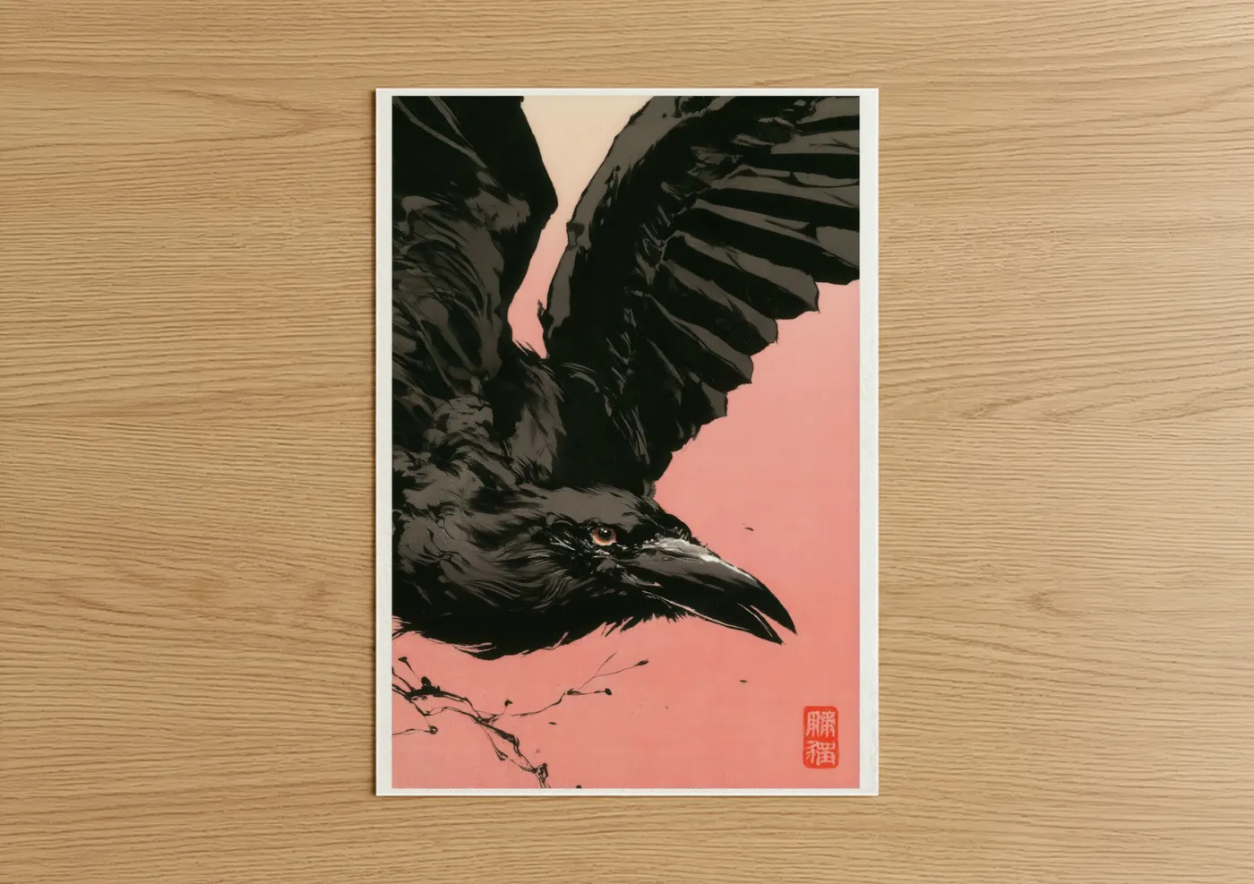 Crows and ravens art print on warm oak wood — black and salmon pink palette — Crimson Raven poster