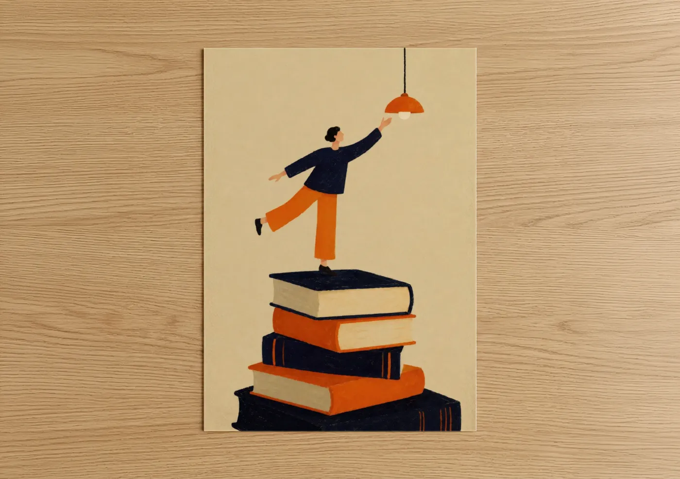 Art print on warm oak wood — orange and beige palette — Reading and Knowledge Wall Art poster
