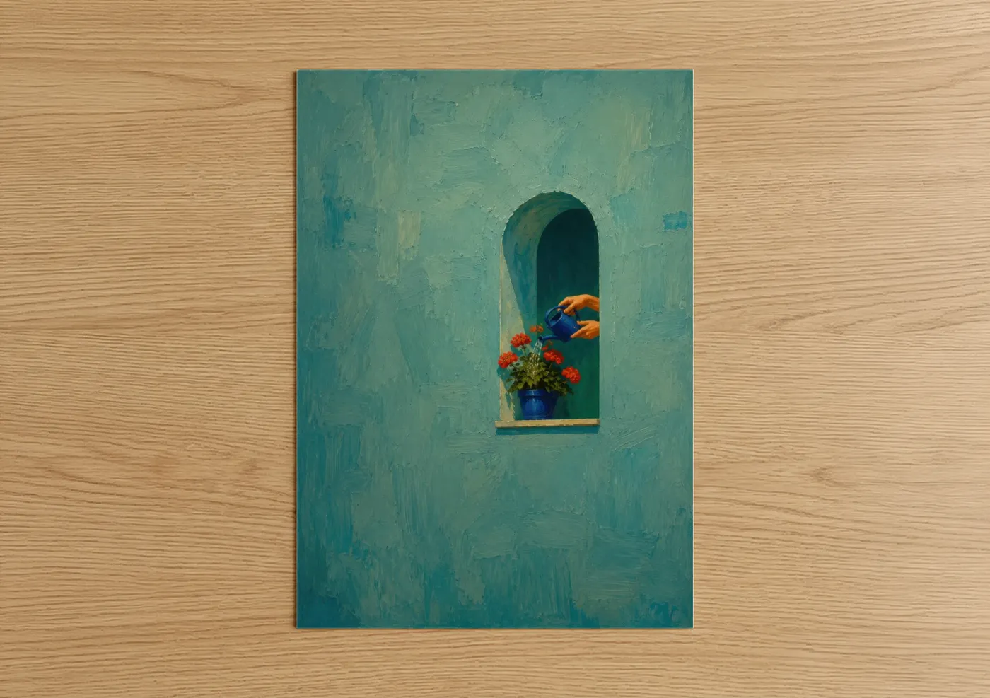 Art print on warm oak wood — teal and orange palette — Mediterranean Window With Flowers Wall Art poster