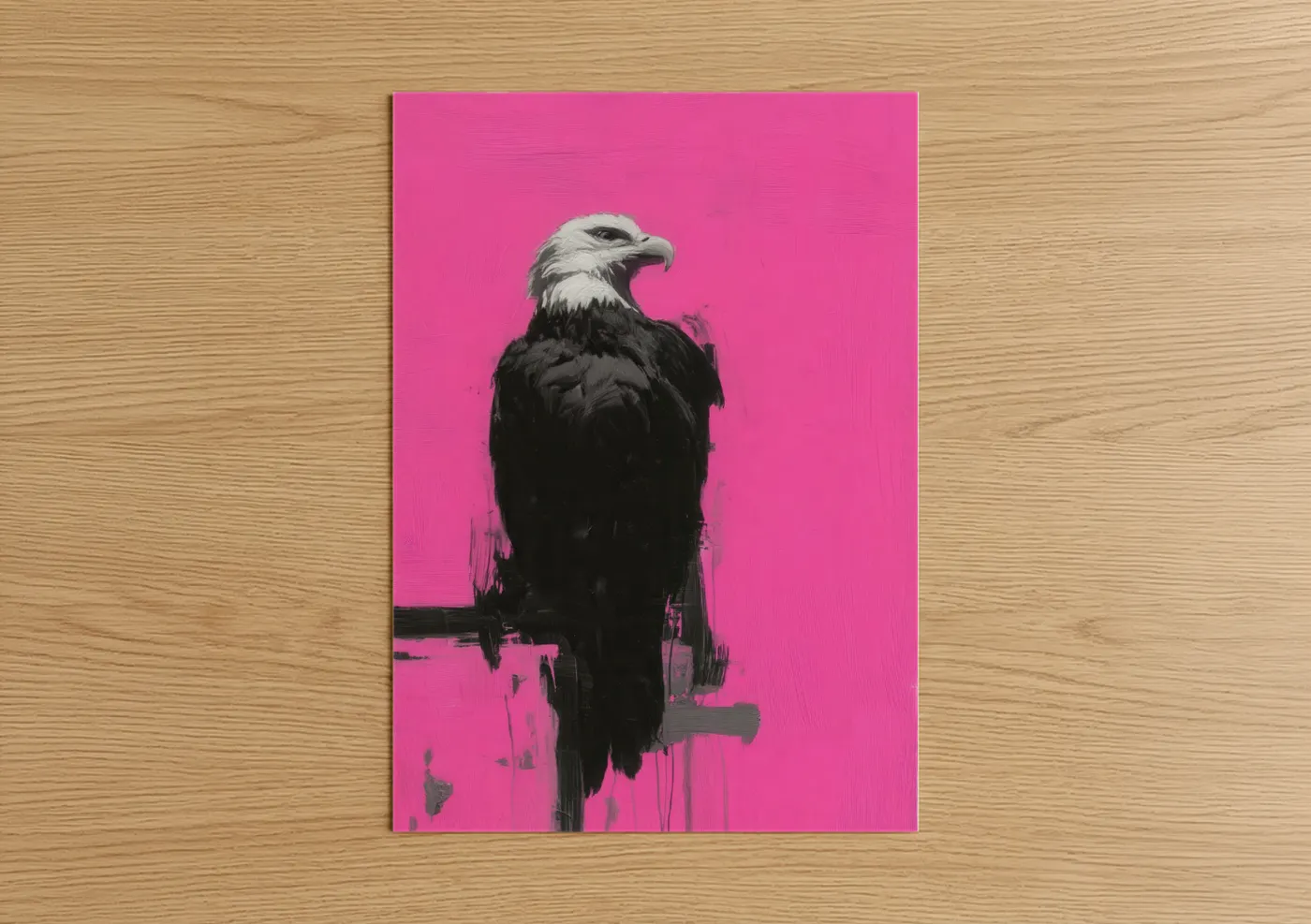 Art print on warm oak wood — magenta and black and white palette — Pink Eagle Portrait poster