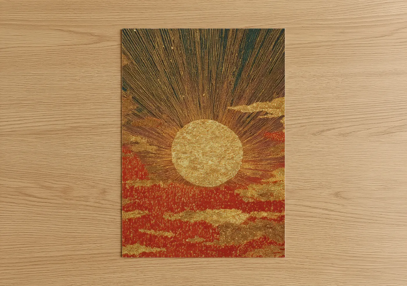 Solar system art print on warm oak wood — gold and red palette — Golden Sun Rise poster