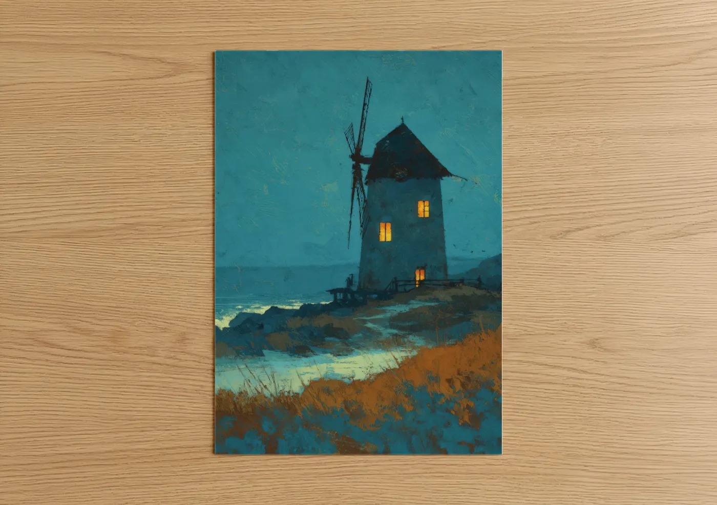 Windmills art print on warm oak wood — teal and gold palette — Coastal Windmill poster