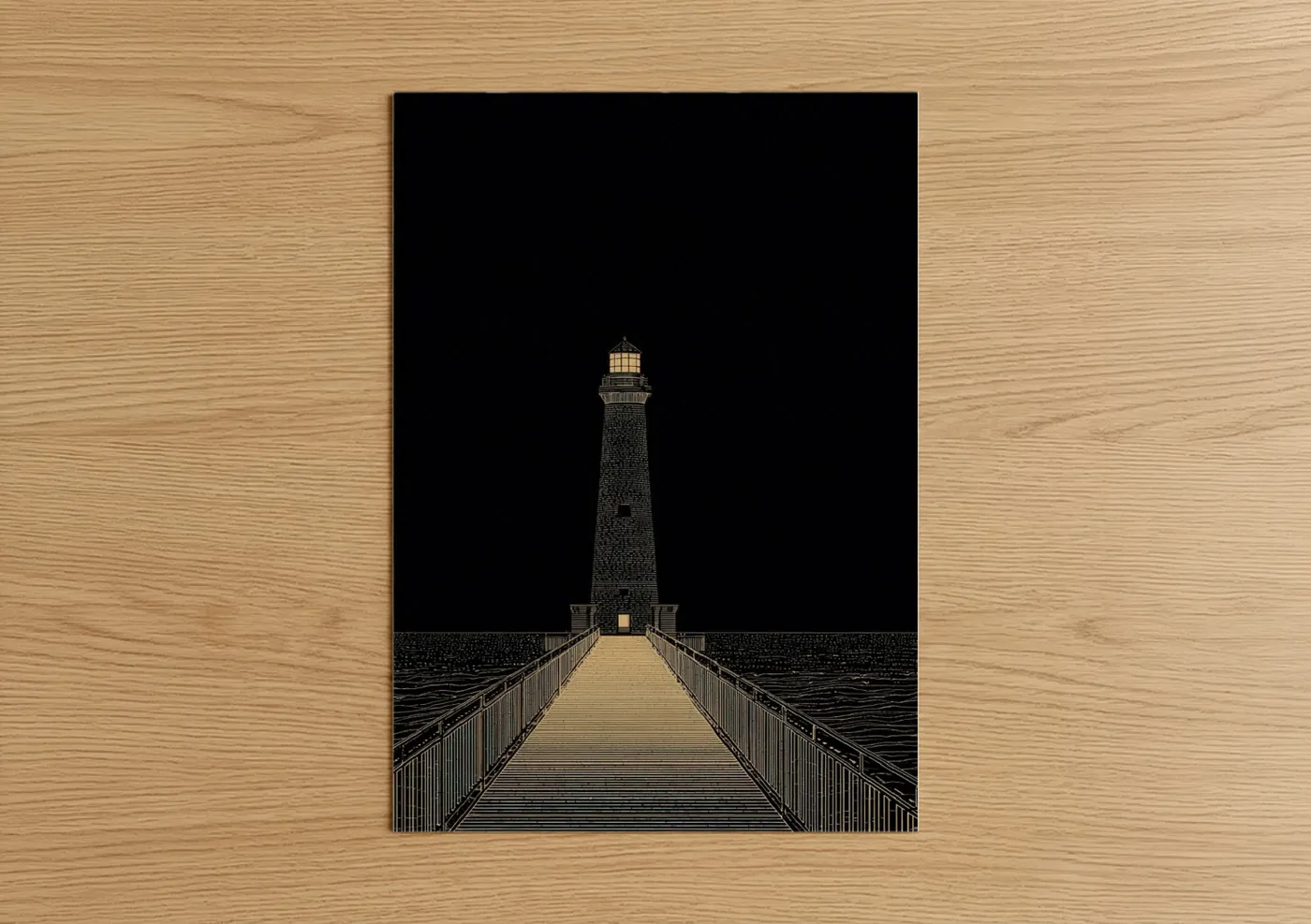 Art print on warm oak wood — black and gold and cream palette — Nighttime Lighthouse Beacon poster