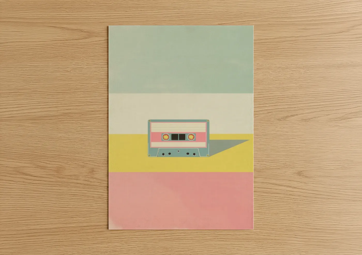 Casette art print on warm oak wood — salmon pink and light green palette — Retro Cassette poster