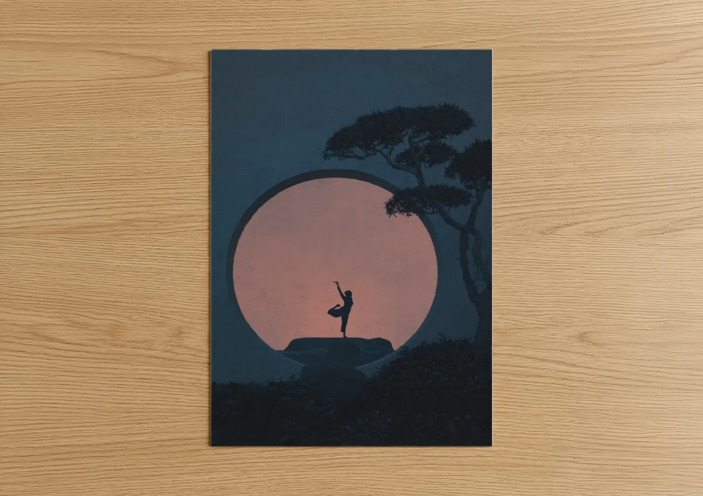 Art print on warm oak wood — dark blue and salmon pink palette — Sunset Yoga Pose poster