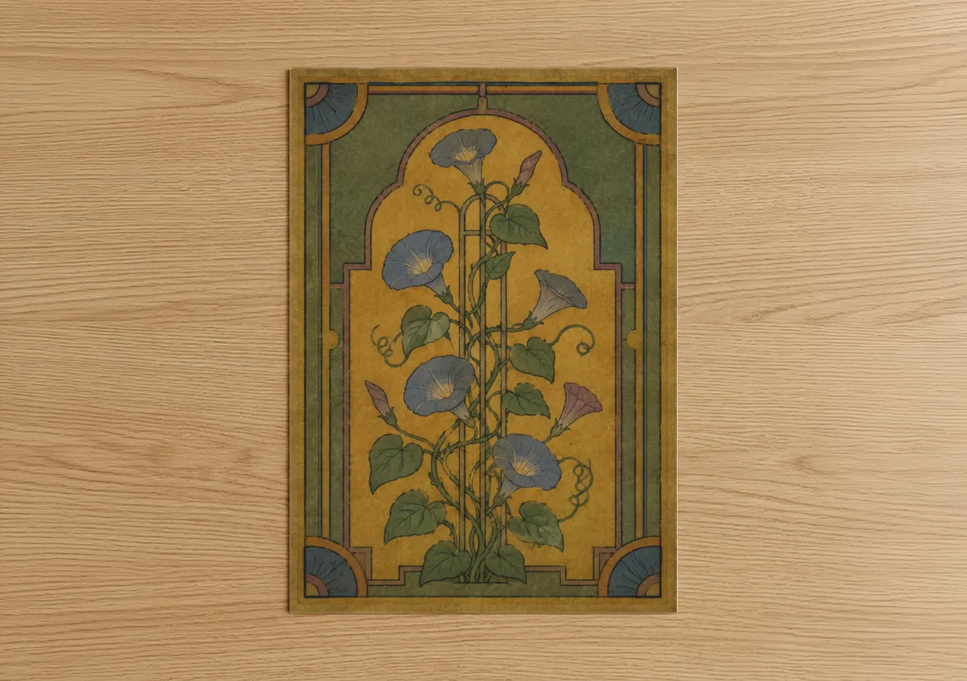 Leaf art print on warm oak wood — gold and blue palette — Art Deco Morning Glory Wall Art poster