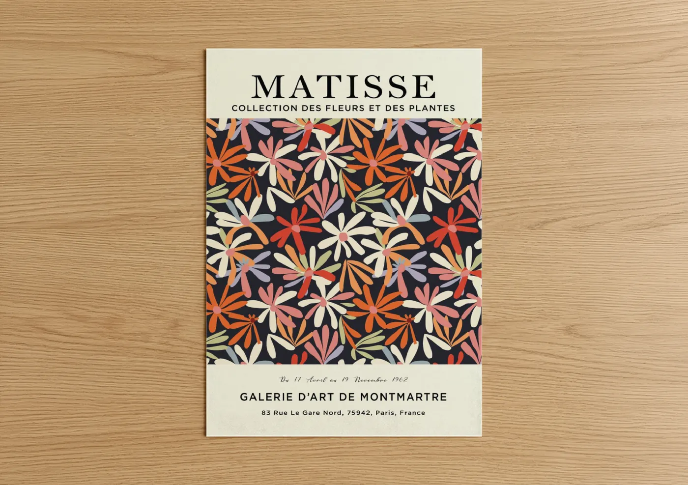Abstract flower art print on warm oak wood — orange palette — Matisse Floral poster