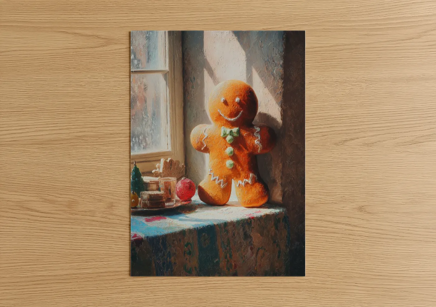 Christmas art print on warm oak wood — orange and cream palette — Gingerbread Window poster
