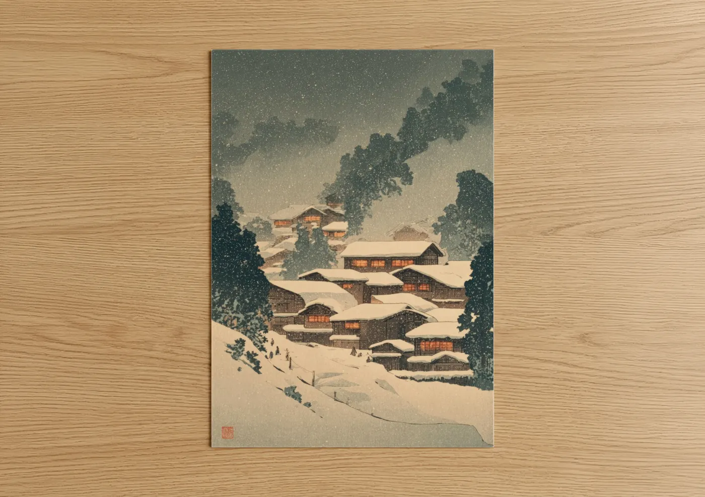 Art print on warm oak wood — cream and dark green palette — Snowy Village Vista poster