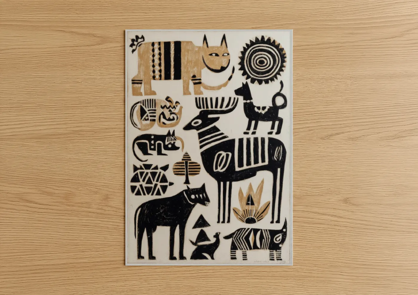 Abstract traditional art print on warm oak wood — black and cream palette — African Animals Composition poster