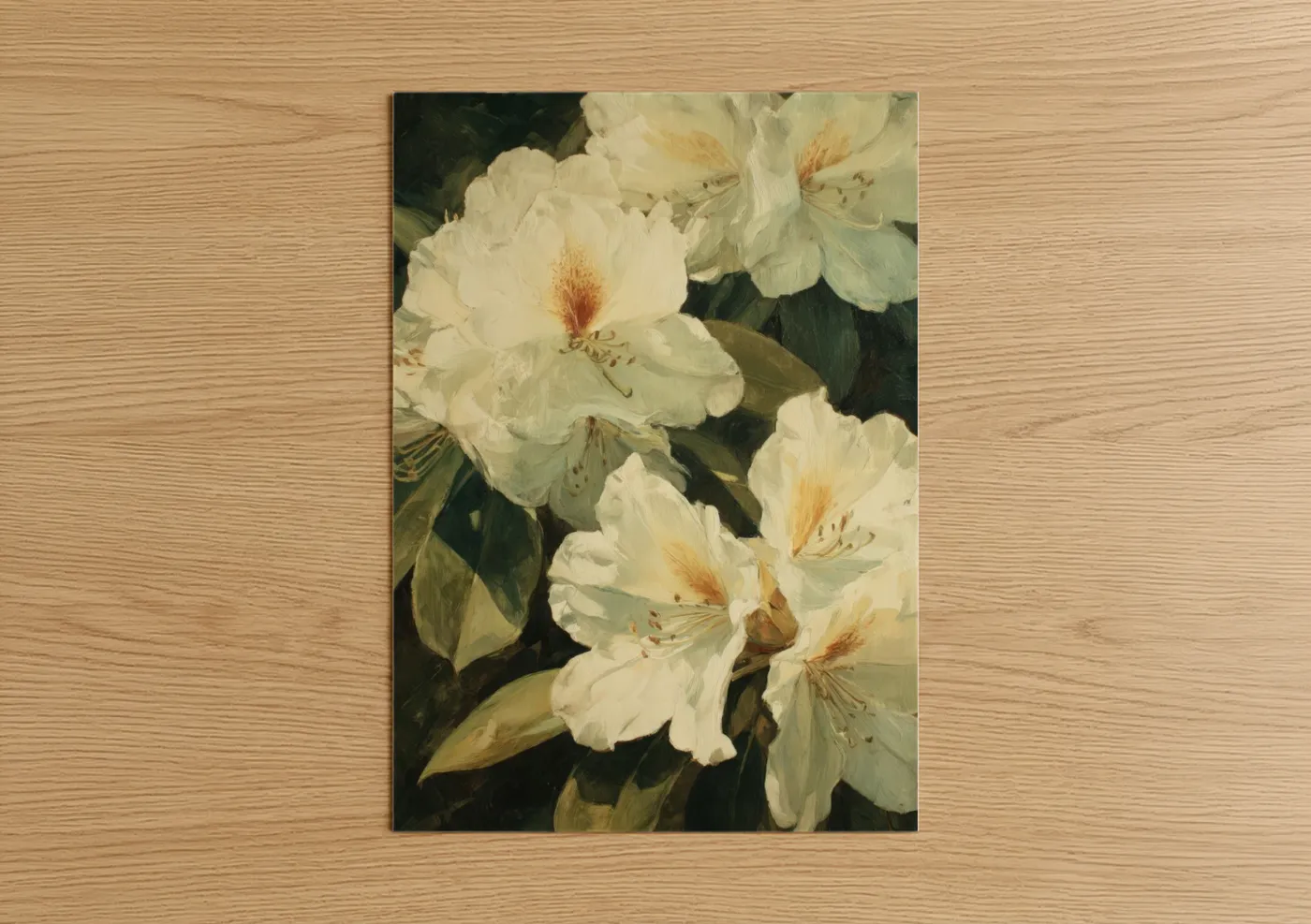 Art print on warm oak wood — cream and dark green palette — Cream Rhododendron poster