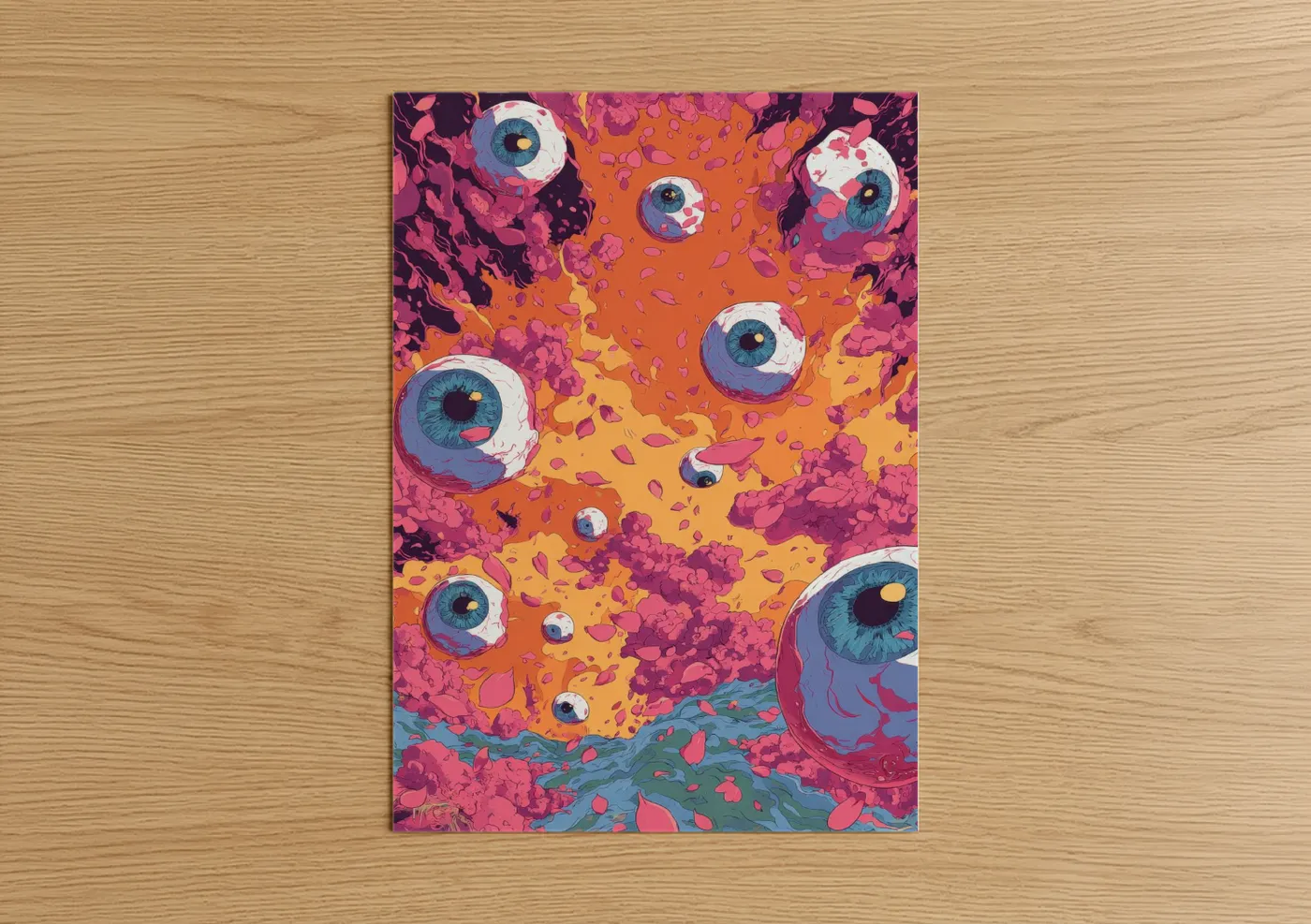 Japanese psychedelic art print on warm oak wood — magenta and orange palette — Psychedelic Eyeballs poster