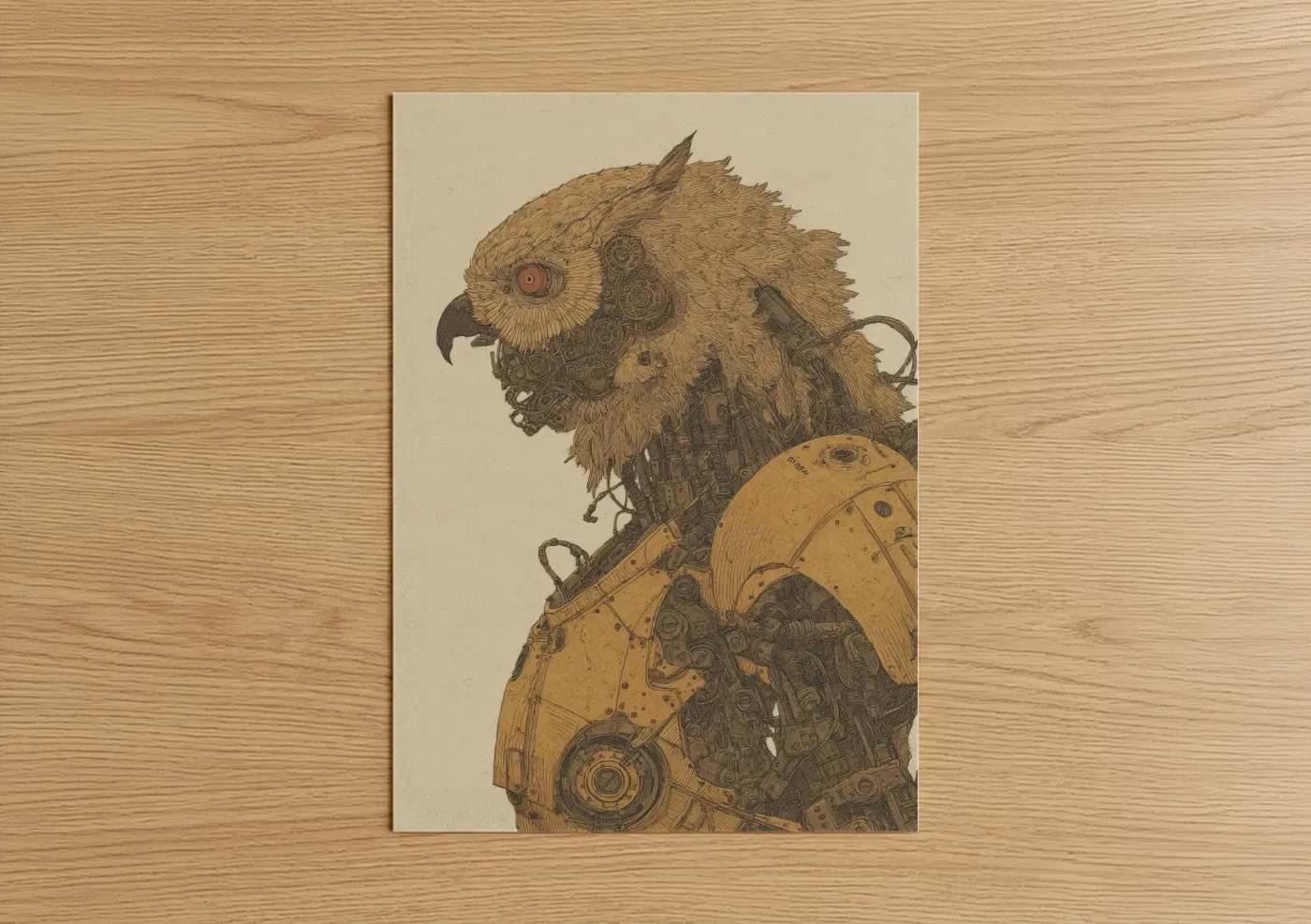 Art print on warm oak wood — gold and brown palette — Steampunk Chimera poster