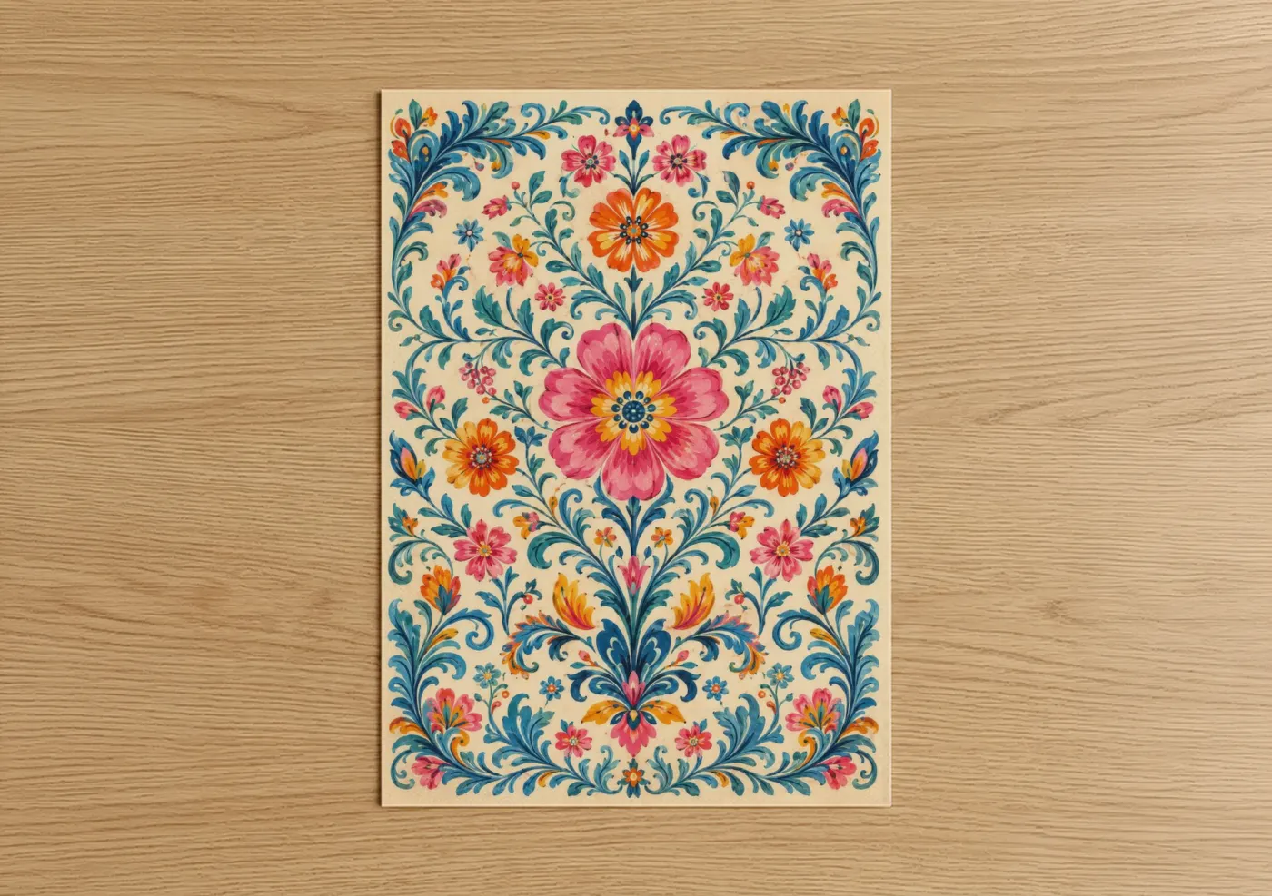 Flower art print on warm oak wood — pink and orange palette — Ornate Floral Damask Pattern Wall Art poster