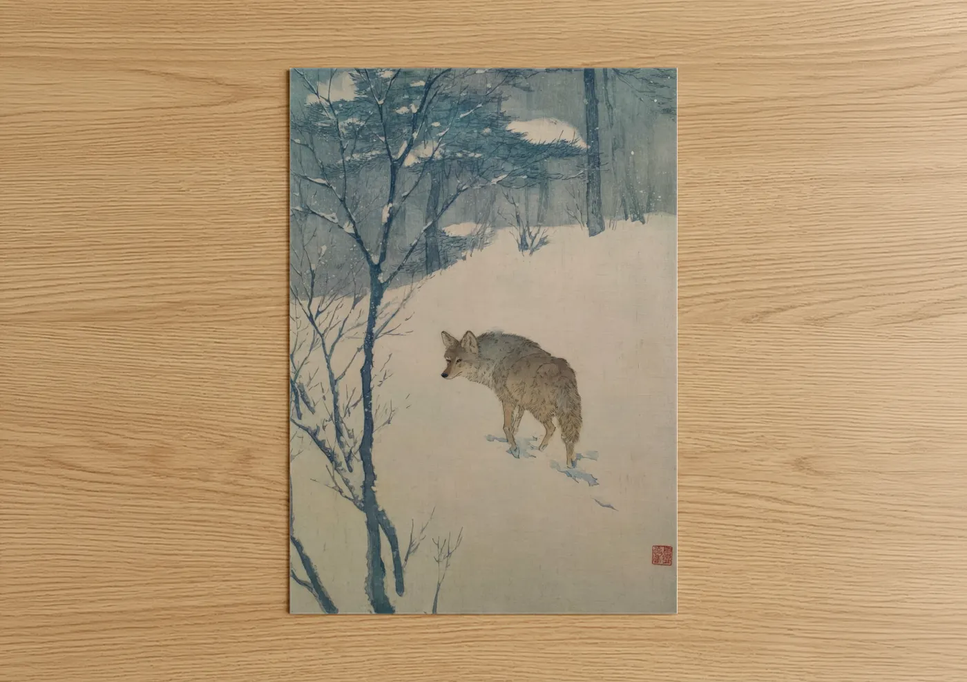 Art print on warm oak wood — blue and gray and cream palette — Snowy Coyote poster