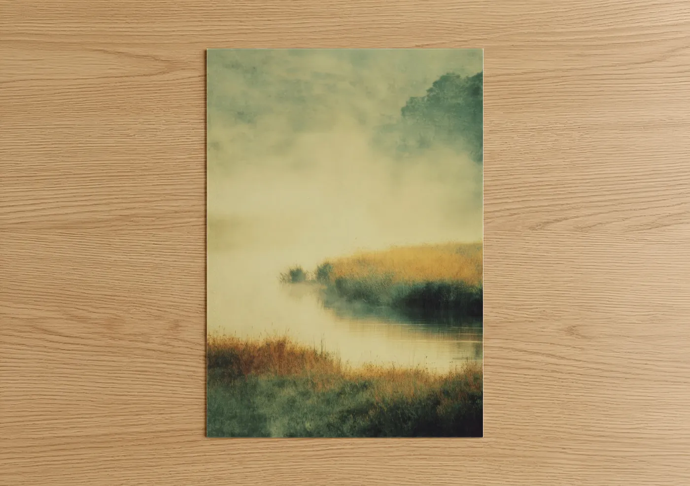 Art print on warm oak wood — cream and sage green palette — Misty Oasis poster