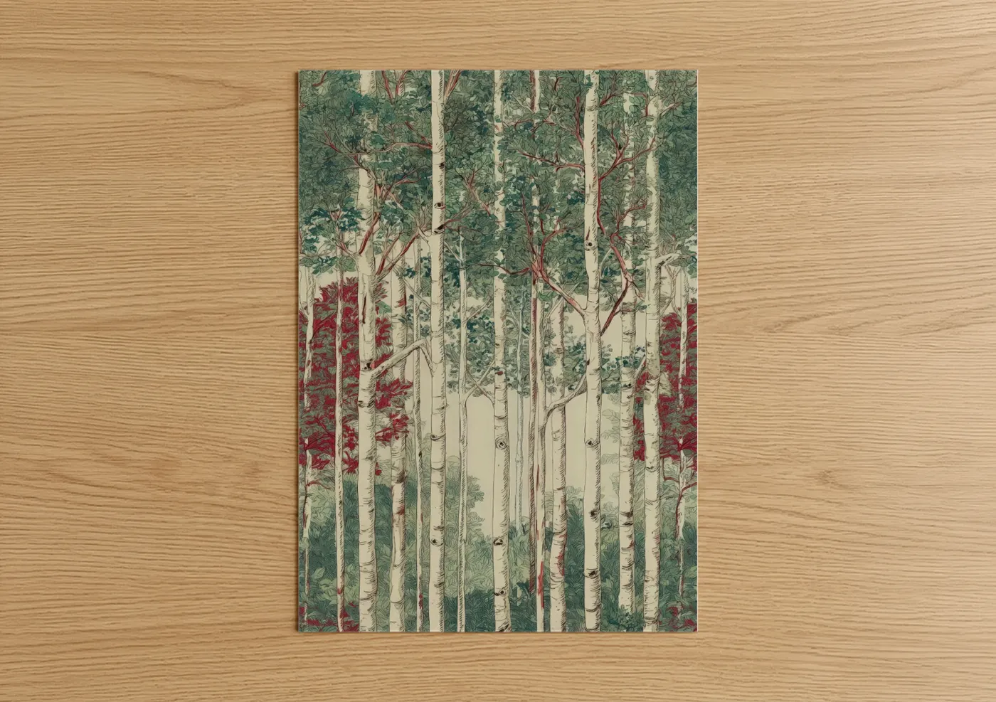 Art print on warm oak wood — cream and dark green palette — Crimson Birch Forest poster