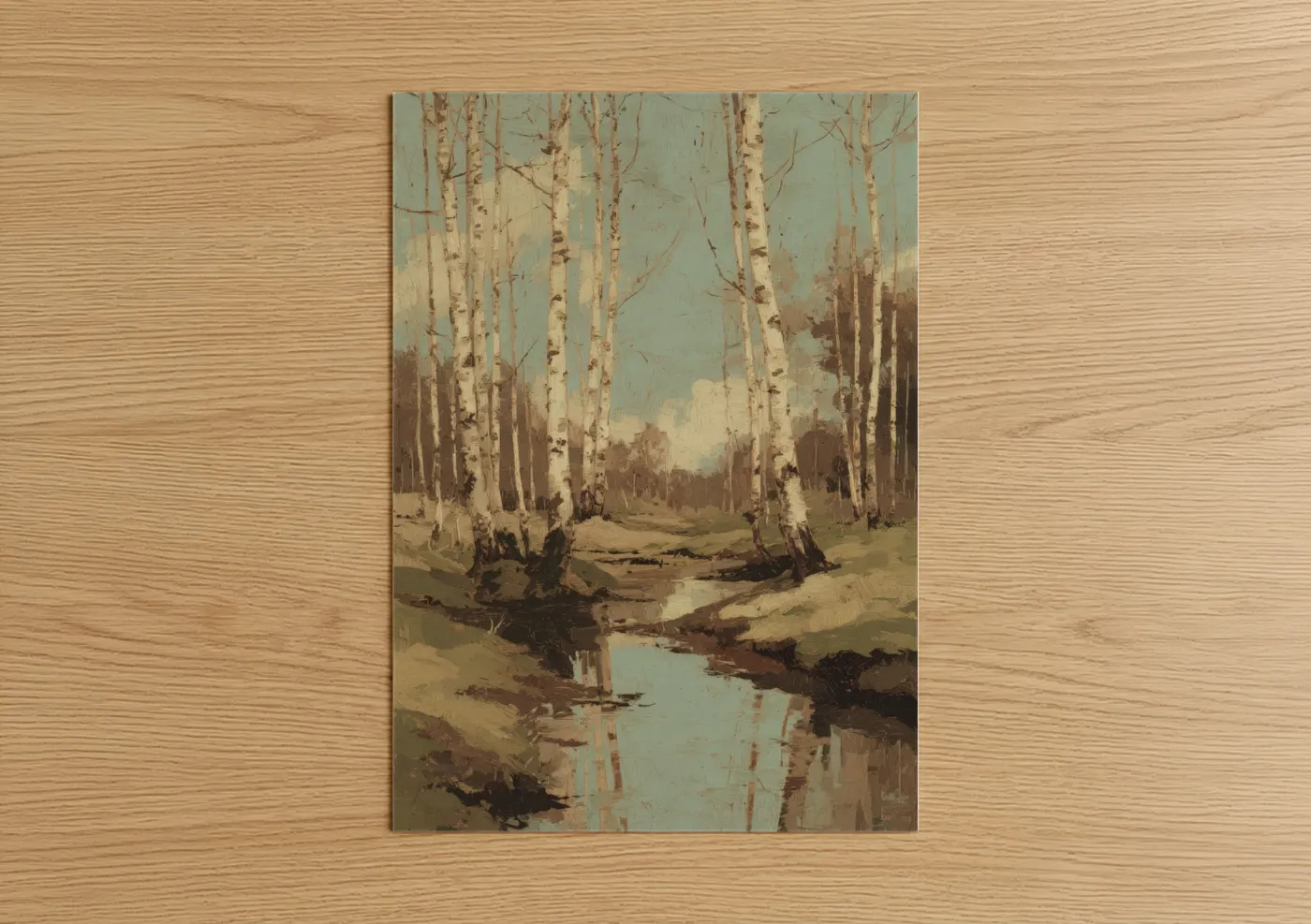 Serene Birch Forest Stream Landscape Wall Art