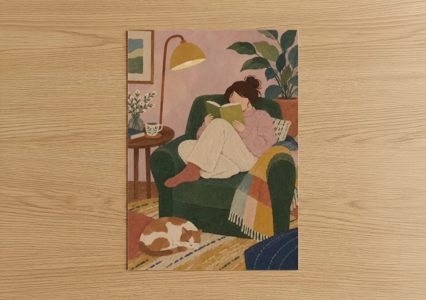 Art print on warm oak wood — true green and peach palette — Woman Reading With Cat Wall Art poster