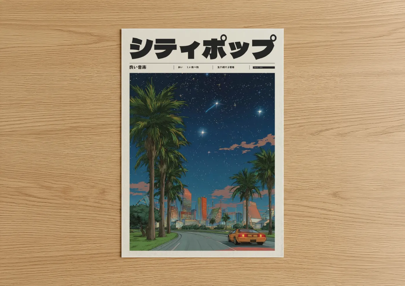 Retro Anime City Night with Stars Wall Art