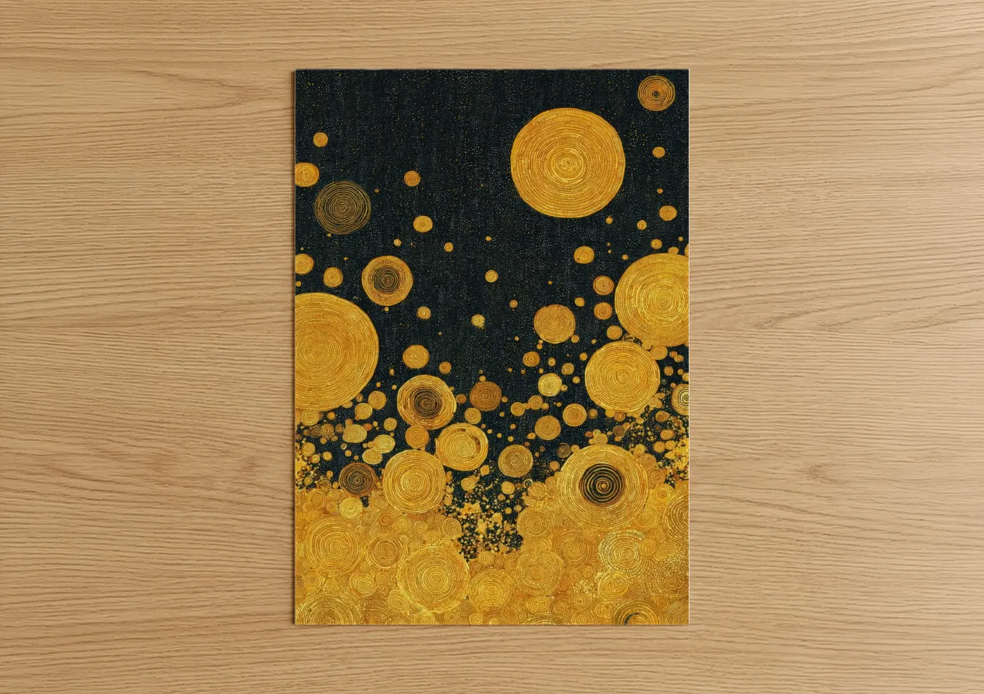 Art print on warm oak wood — gold and black and gold palette — Golden Galaxy poster