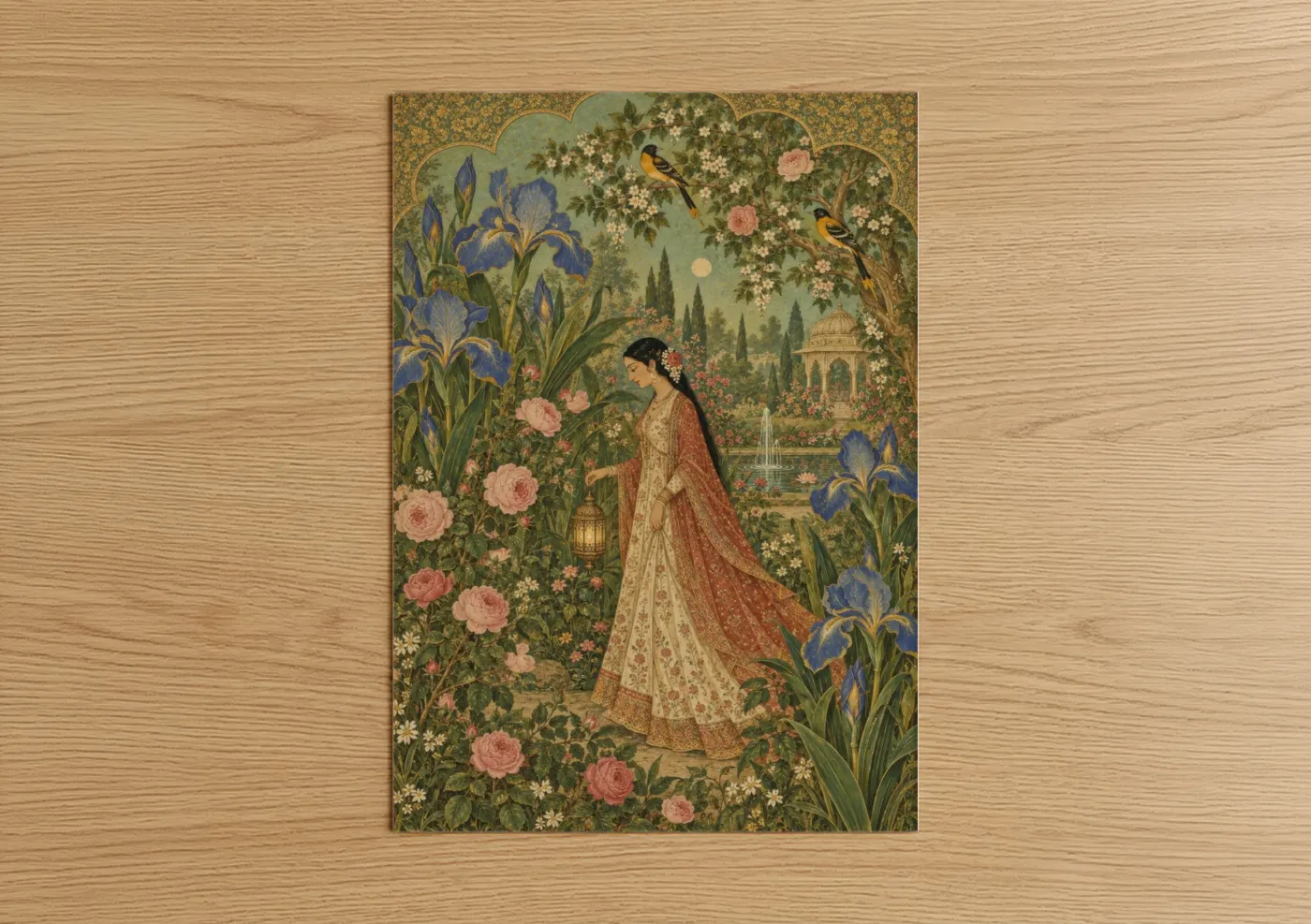 Art print on warm oak wood — gold and blue palette — Persian Garden With Iris Roses Wall Art poster