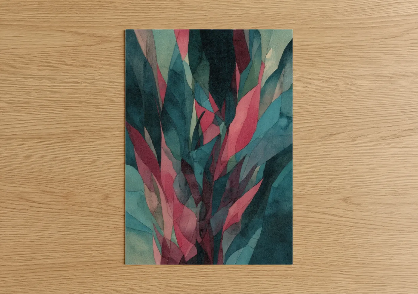 Sea anemone art print on warm oak wood — teal and salmon pink palette — Crimson Anemone poster