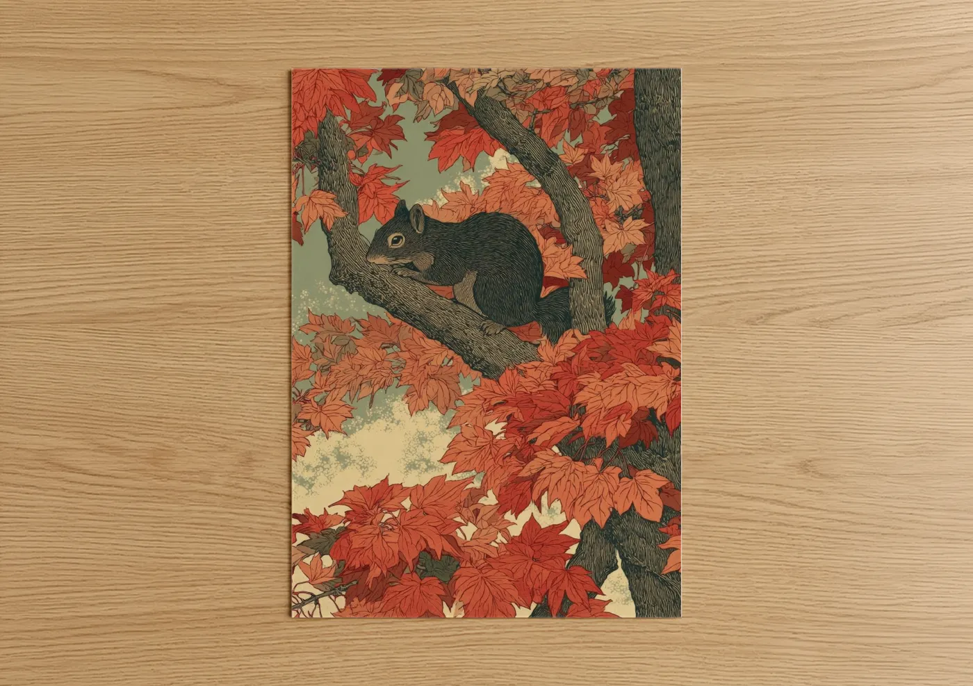 Art print on warm oak wood — orange palette — Autumn Squirrel poster