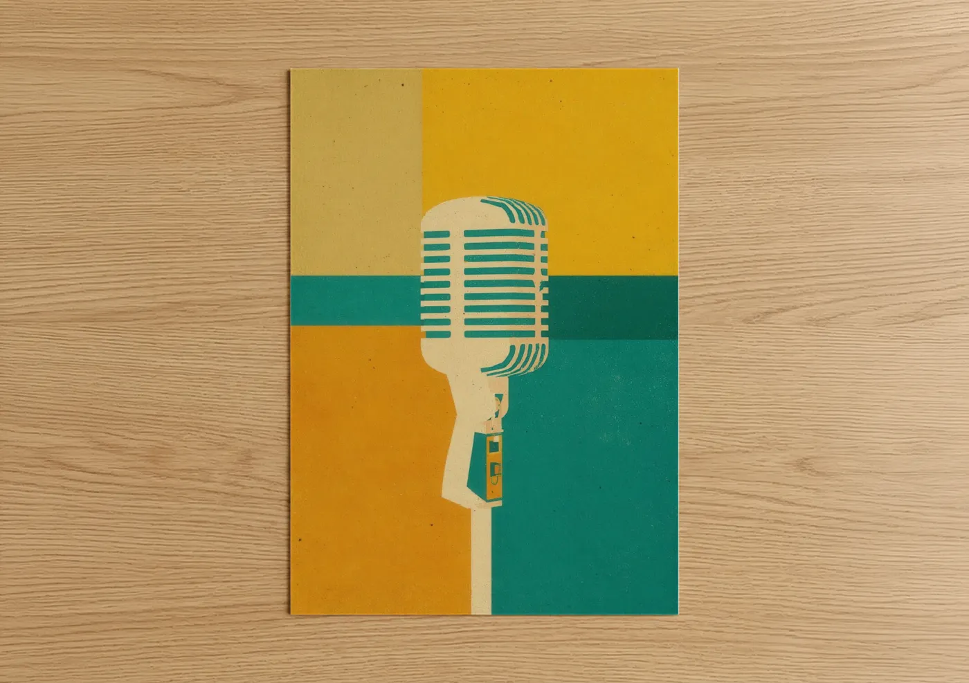 Art print on warm oak wood — yellow gold and teal palette — Vintage Microphone poster