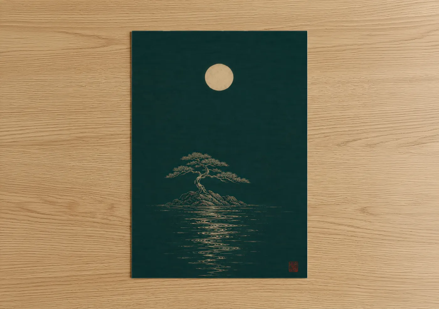 Art print on warm oak wood — dark green and champagne gold palette — Bonsai Tree Under Moon Wall Art poster