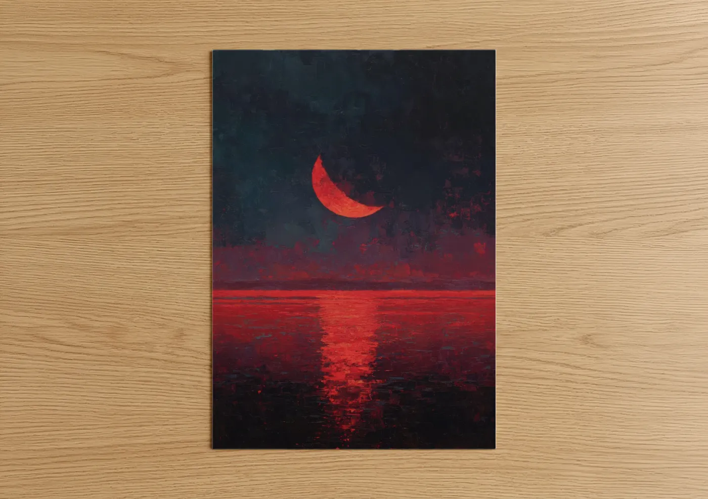 Art print on warm oak wood — red and black and blue palette — Crimson Moon Reflection poster