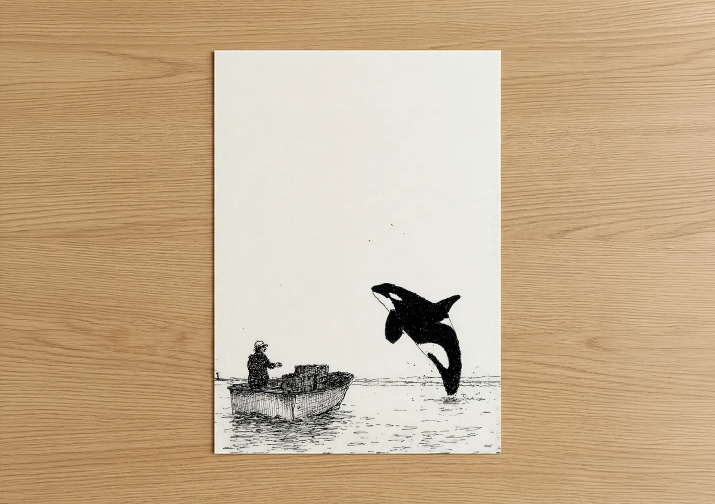 Orca whale art print on warm oak wood — black and white palette — Orca Leap poster
