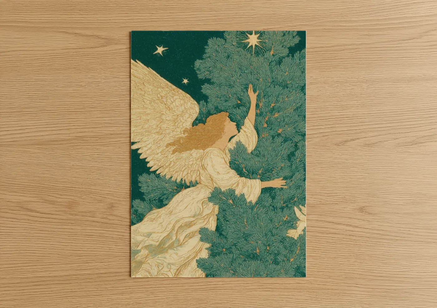 Christmas art print on warm oak wood — teal and gold palette — Celestial Angel Wings poster