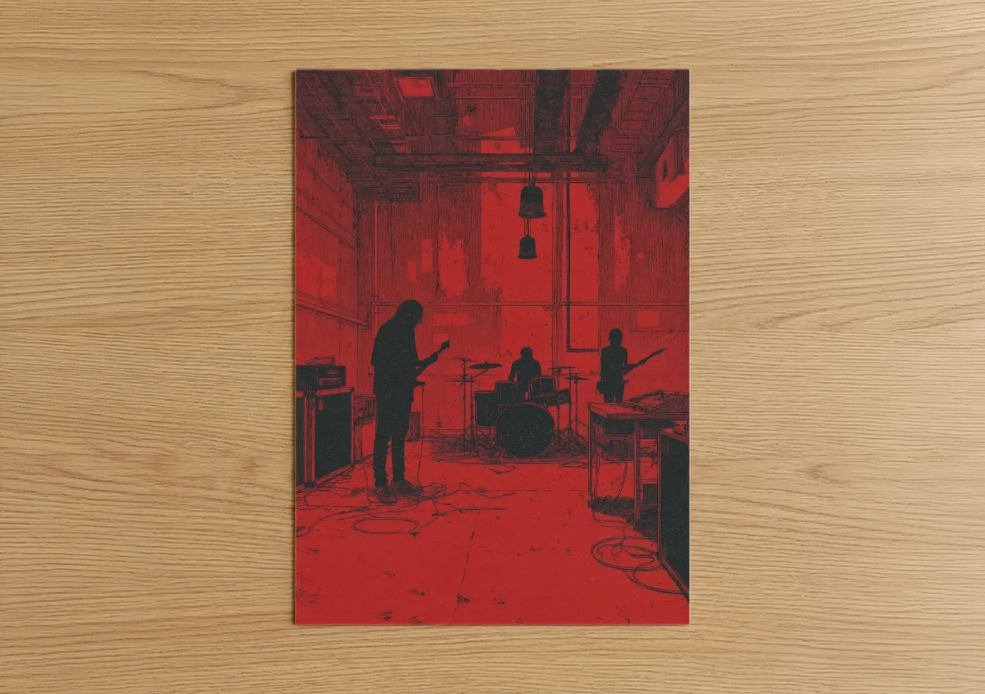 Death metal art print on warm oak wood — red and black palette — Studio Rehearsal poster