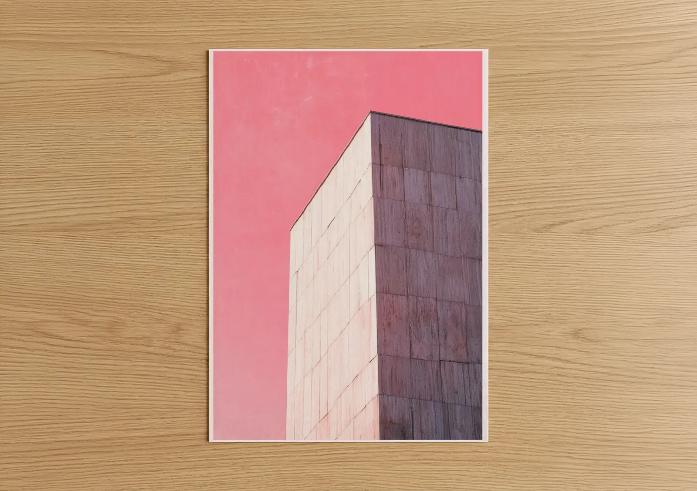 Abstract architecture art print on warm oak wood — pink palette — Pink Minimalist Tower poster