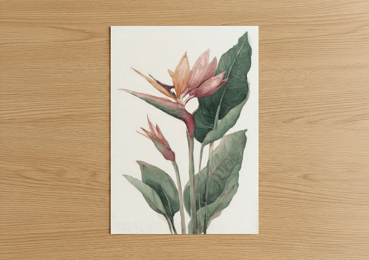 Birds of paradise art print on warm oak wood — peach and dark green palette — Tropical Bird Blossom poster