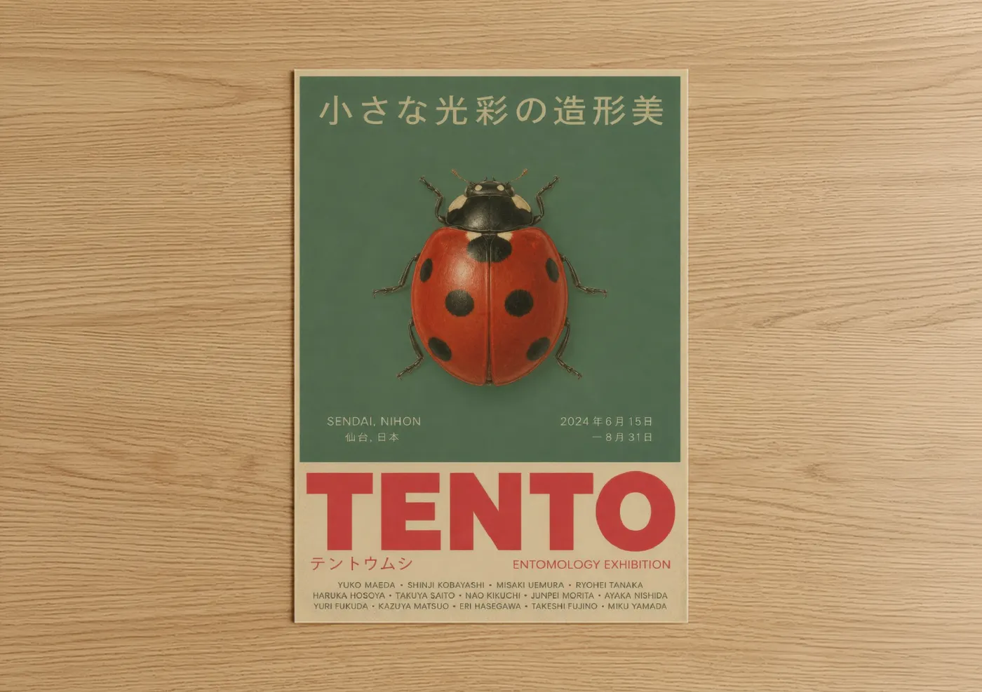 Art print on warm oak wood — red and sage green palette — Japanese Ladybug Exhibition Poster Wall Art poster