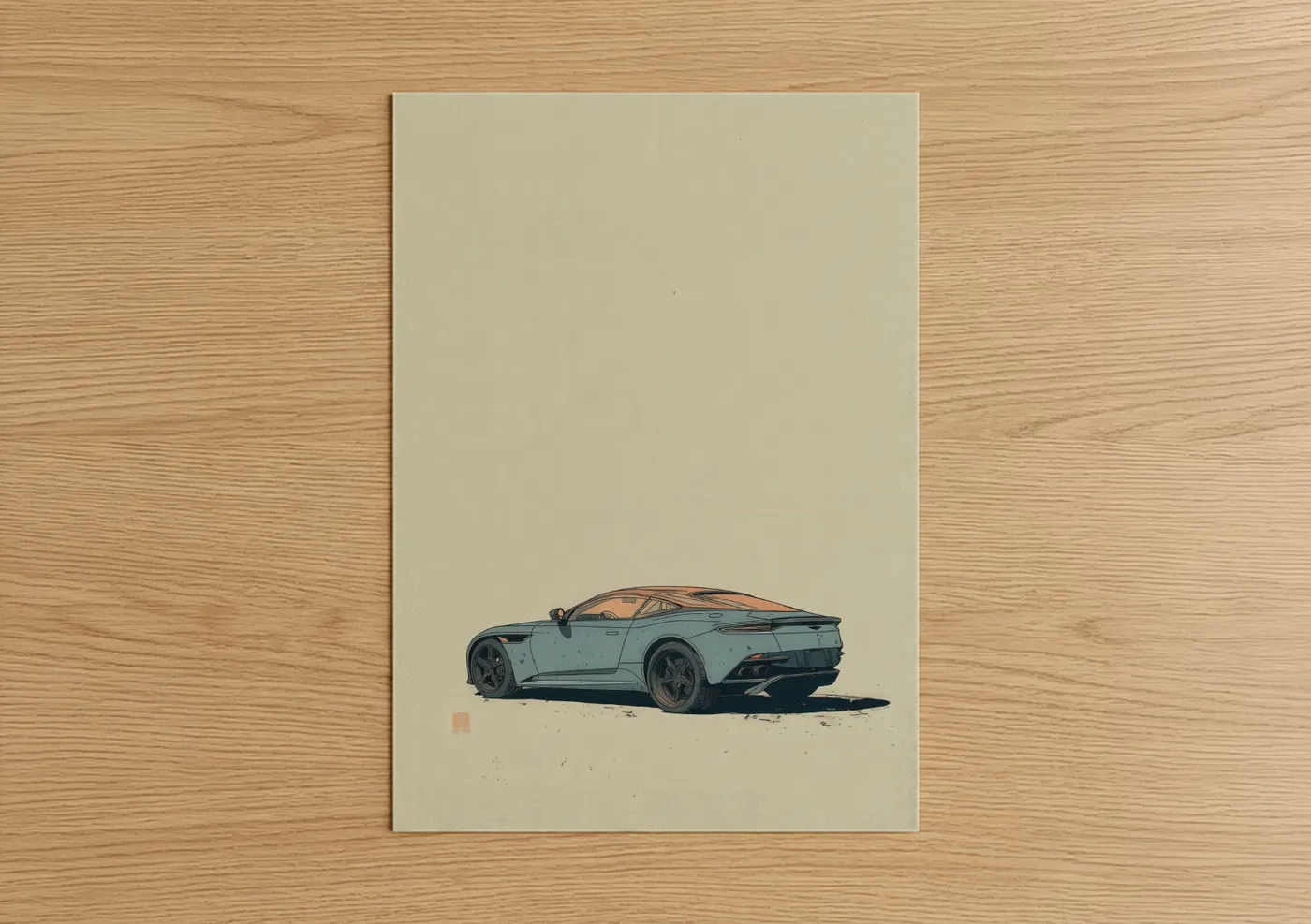 Art print on warm oak wood — beige and blue palette — Coastal Sports Car poster