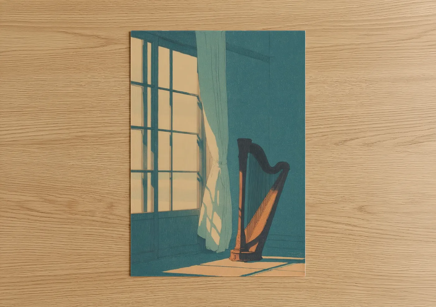 Art print on warm oak wood — teal and gold palette — Sunlit Harp poster