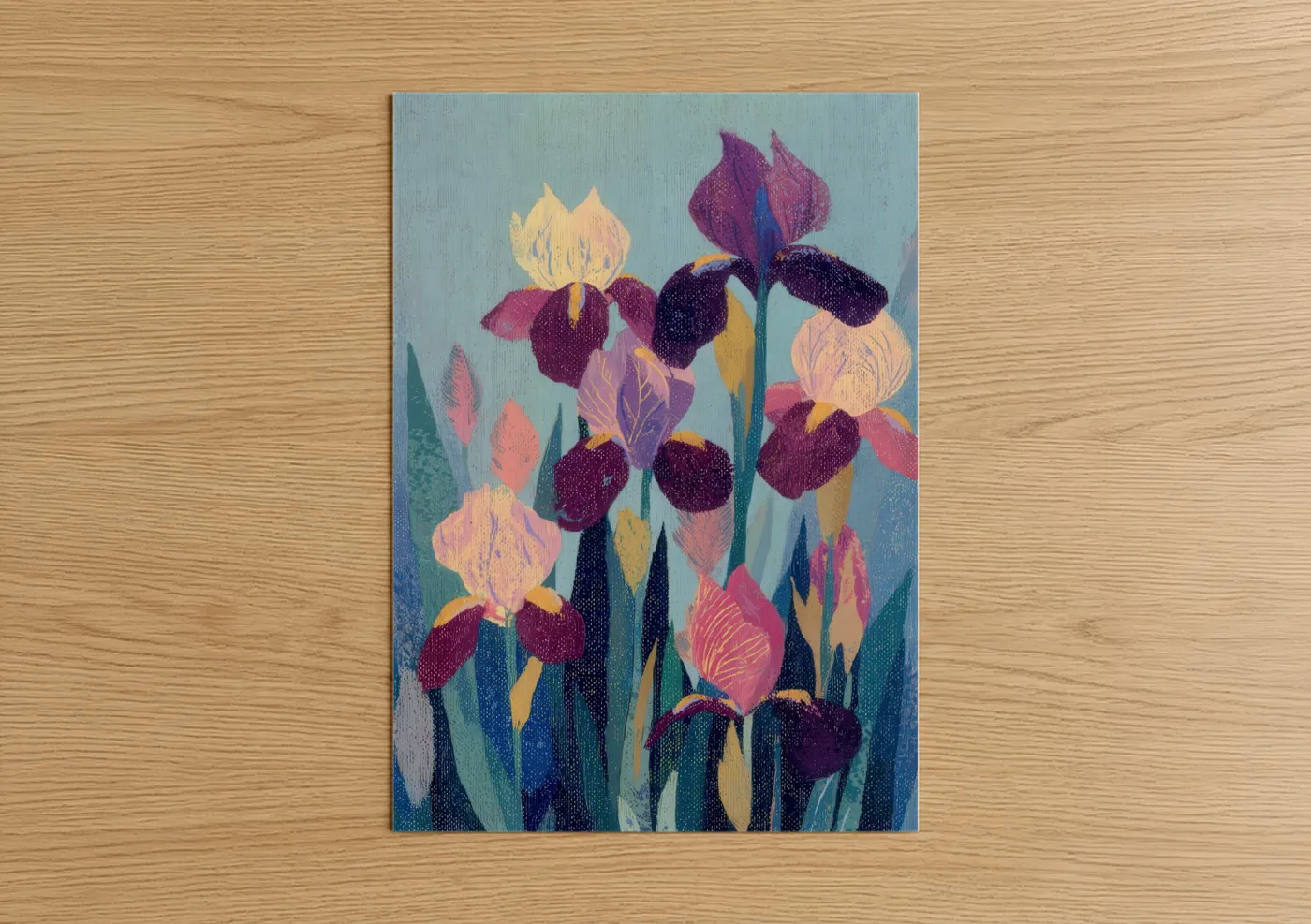 Art print on warm oak wood — purple and gold palette — Jeweled Iris Garden poster