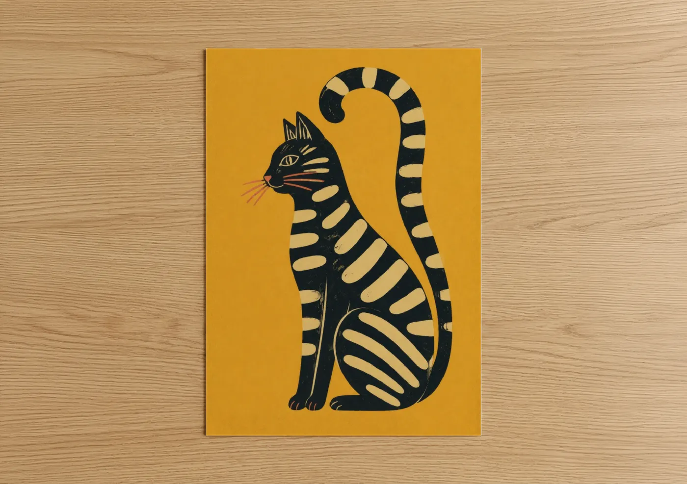 Cat art print on warm oak wood — yellow gold and black and white palette — Striped Feline Geometric Wall Art poster