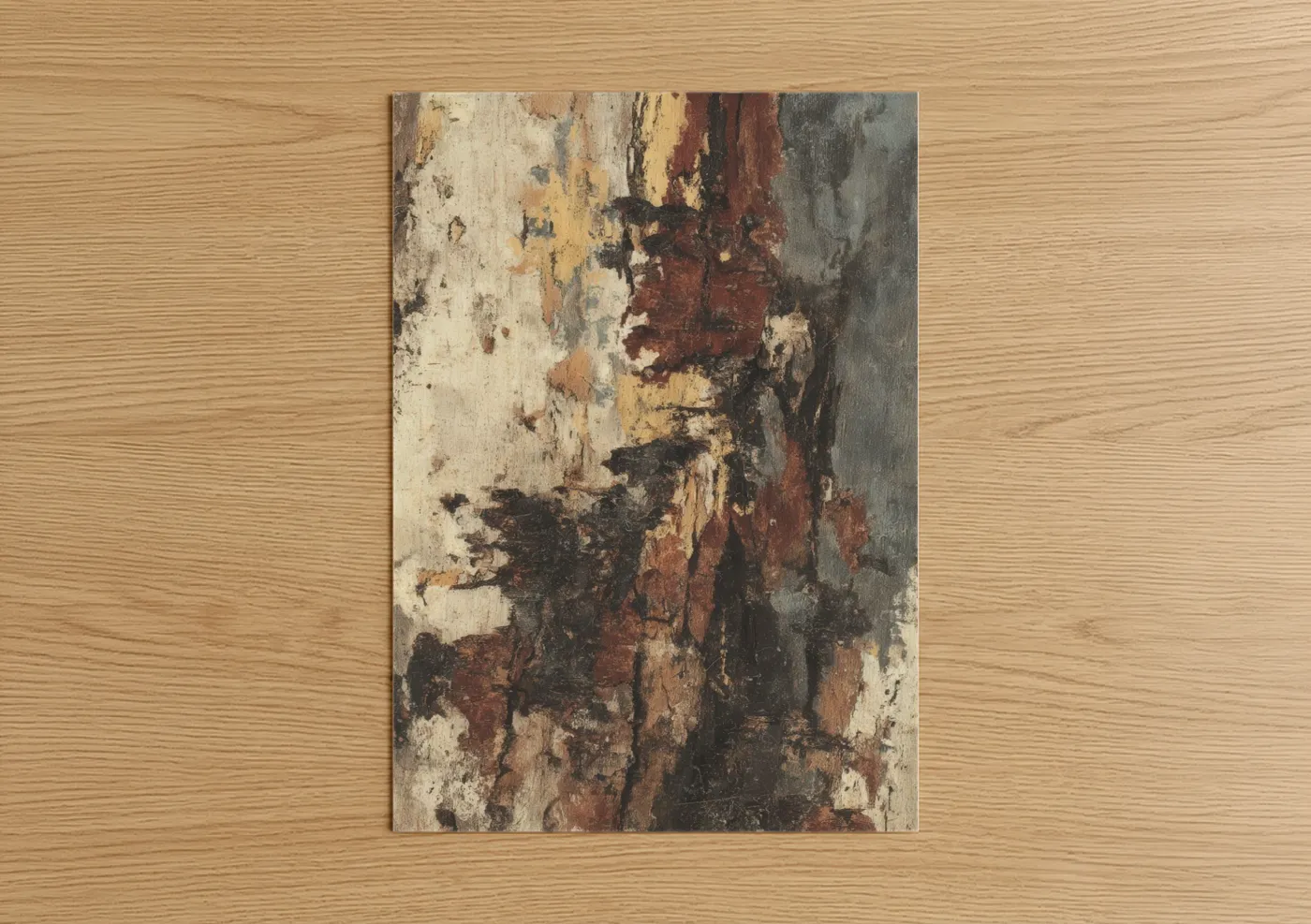 Kauri tree art print on warm oak wood — russet and beige palette — Weathered Kauri poster