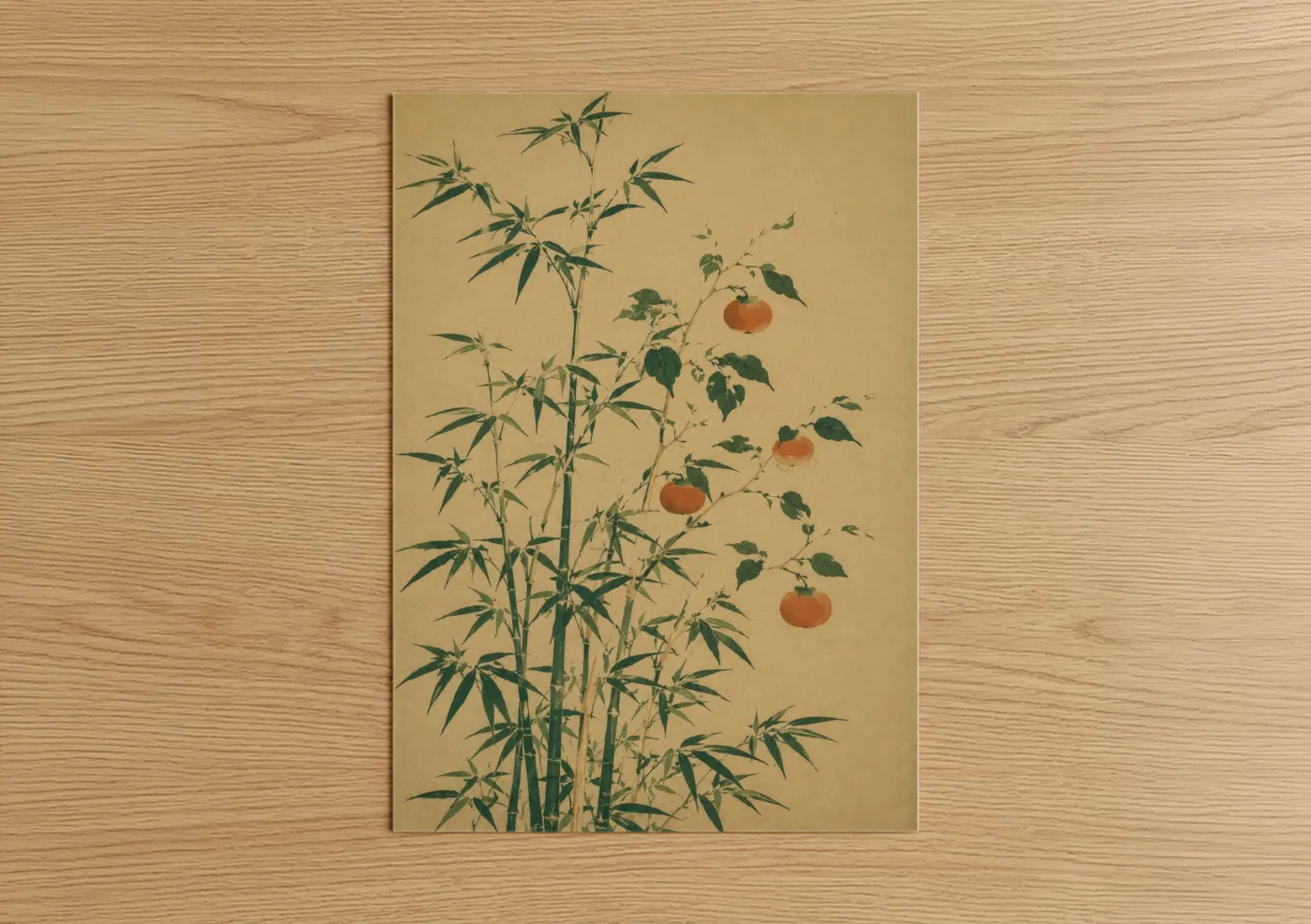 Art print on warm oak wood — beige and olive palette — Japanese Bamboo and Persimmon Wall Art poster
