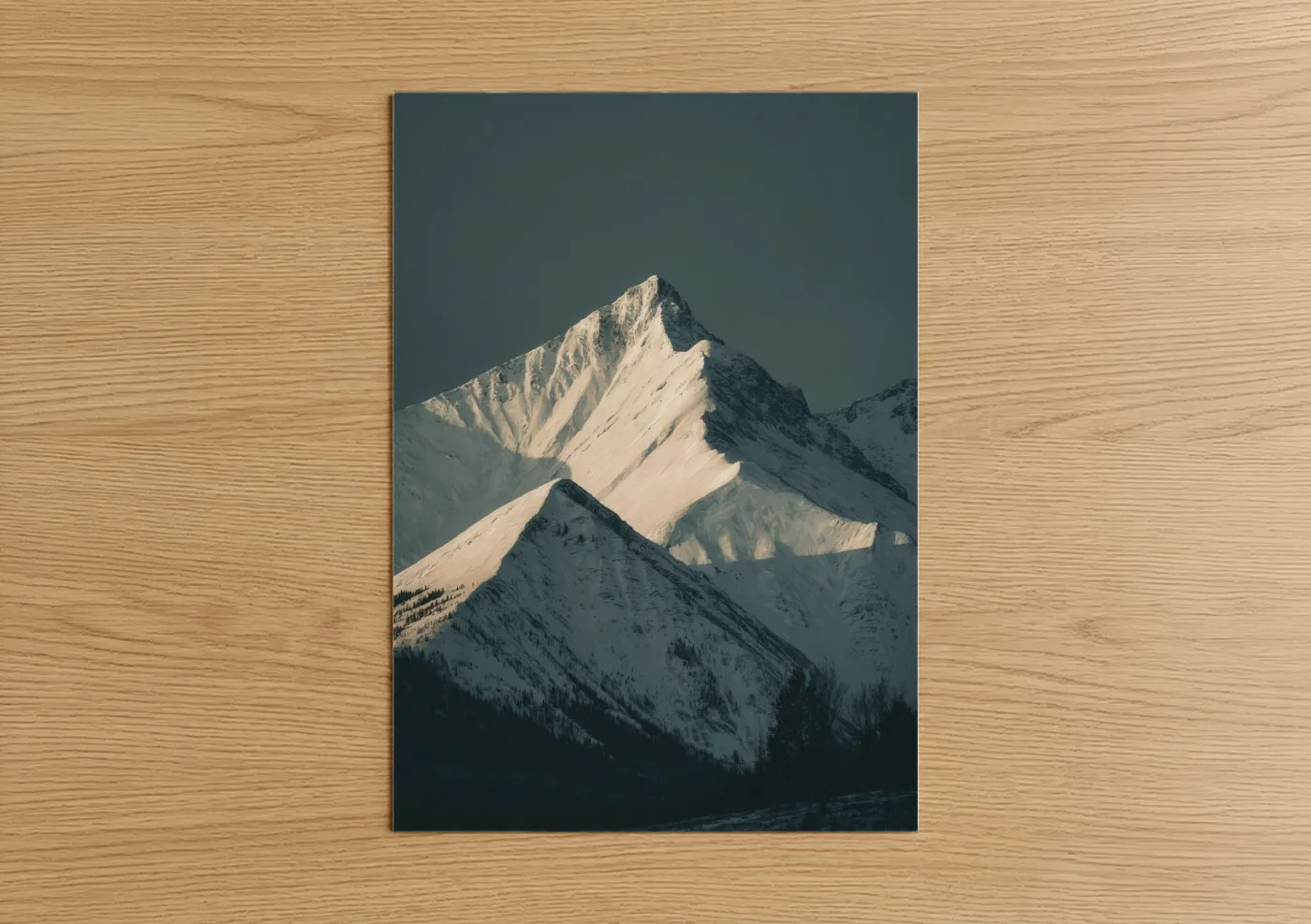 Winter art print on warm oak wood — gray and white palette — Alpine Summit Dawn poster